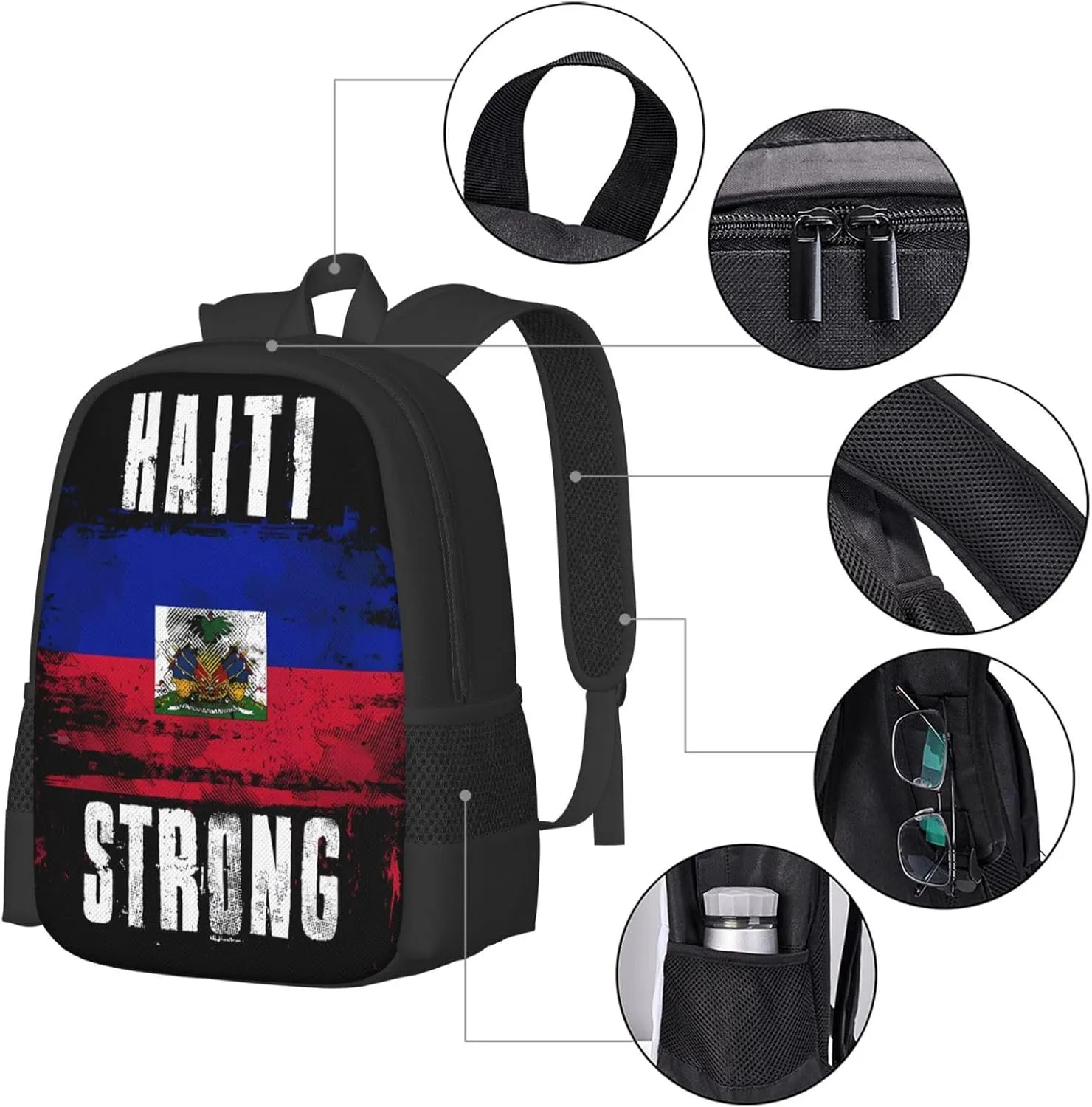 Haiti Strong Graffiti Flag Casual Backpack Large Capacity Backpacks 15 Inch Laptop Back Pack Travel Rucksack Daypack Commuter Bags with Adjustable Strap for Camping