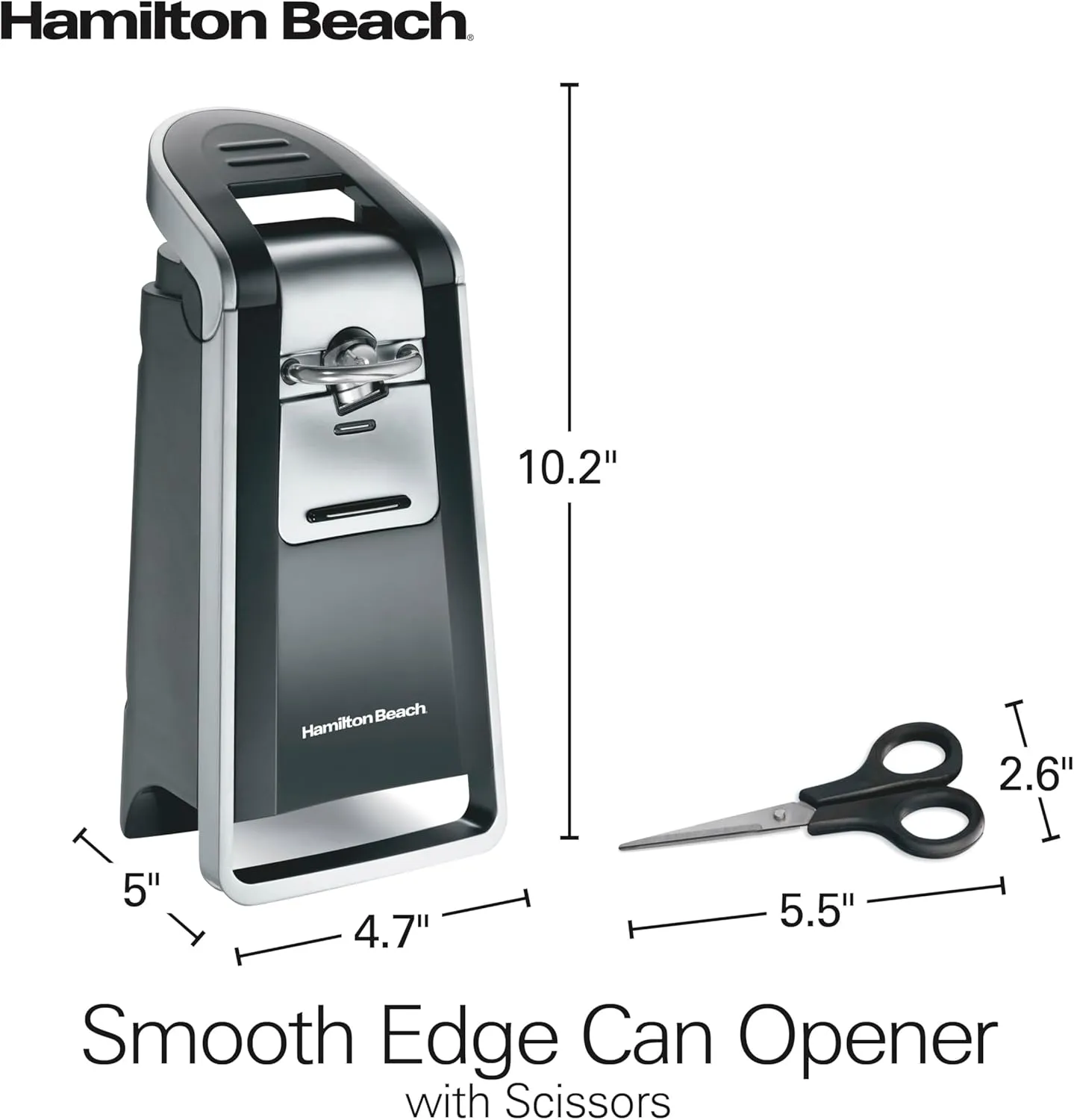 Hamilton Beach Smooth Edge Electric Automatic Can Opener for Kitchen with Easy Push Down Lever, Extra Tall, Includes Stainless Steel Scissors, Black and Chrome (76607)