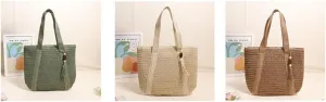 Hand-Woven Straw Mesh Tote Bag Tassel Beach Shoulder Bag for Women Large Capacity Handbags for Holiday Travel Brown