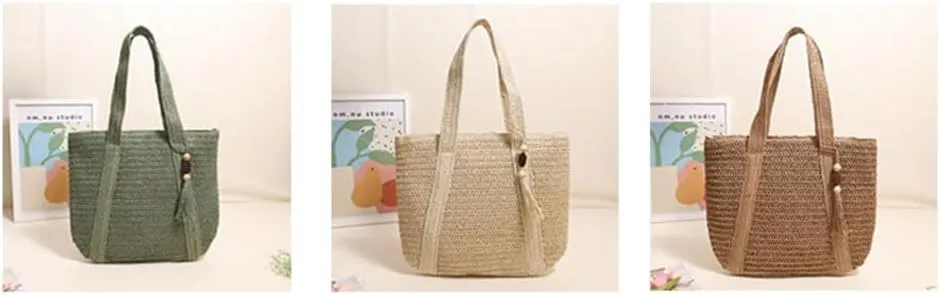 Hand-Woven Straw Mesh Tote Bag Tassel Beach Shoulder Bag for Women Large Capacity Handbags for Holiday Travel Brown