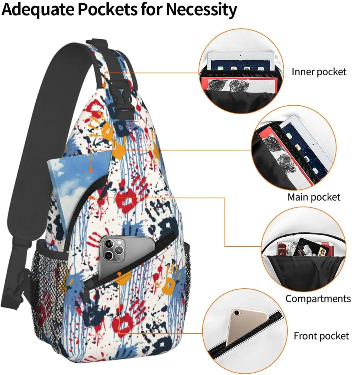 Hands Prints Painting Graffiti Cross Chest Bag Diagonally Hiking Crossbody Bag Travel Shoulder Daypack Lightweight Sling Backpack Cycling Daypacks Fitness Chest Backpacks