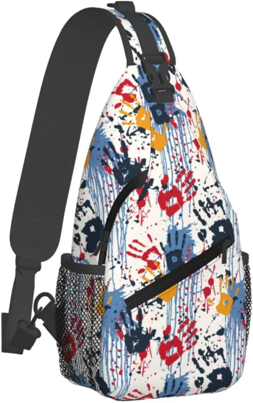Hands Prints Painting Graffiti Cross Chest Bag Diagonally Hiking Crossbody Bag Travel Shoulder Daypack Lightweight Sling Backpack Cycling Daypacks Fitness Chest Backpacks
