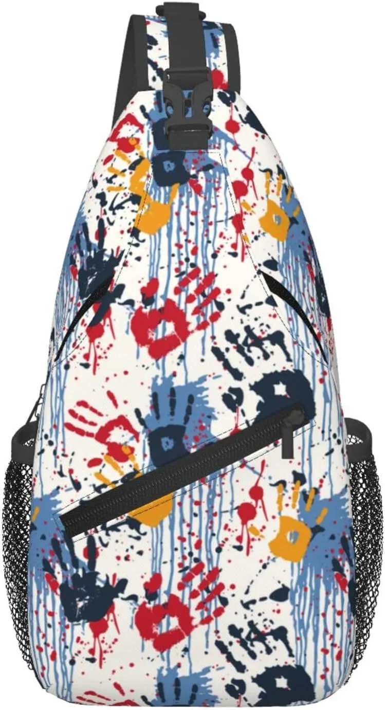 Hands Prints Painting Graffiti Cross Chest Bag Diagonally Hiking Crossbody Bag Travel Shoulder Daypack Lightweight Sling Backpack Cycling Daypacks Fitness Chest Backpacks