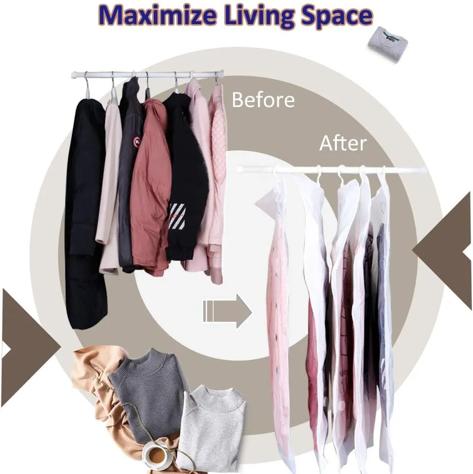 Hanging Vacuum Storage Bags for Clothes Coat Dress, 6 Pack Hanging Vacuum Sealed Bags for Travel, Space Bags Compression Bags for Closet Organizer, Jumbo Garment Bags for Moving