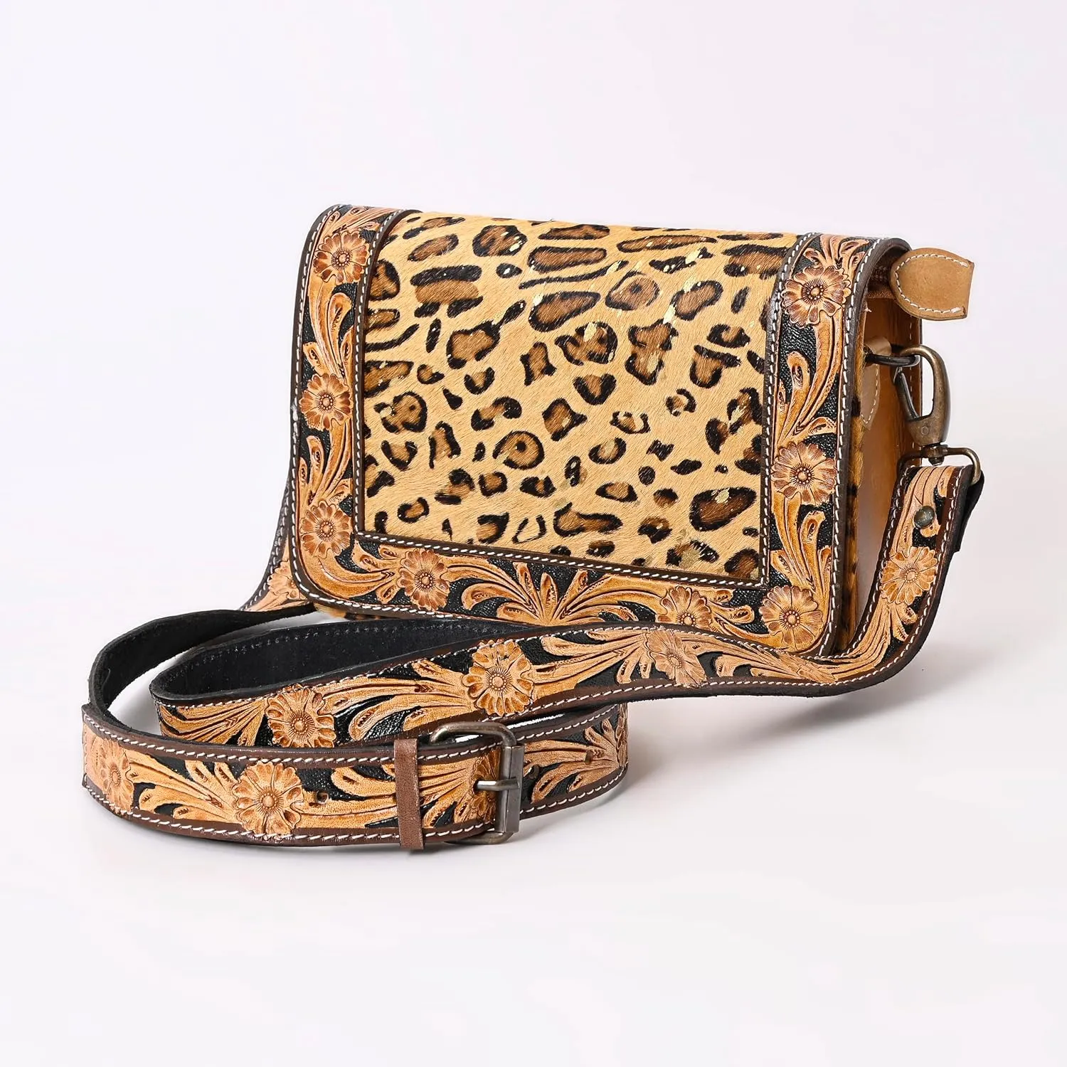 Hantooled Women’s Leather Leopard Clutch Shoulder Cross body Fur HandBags Ethnic Customs Leather Purse Classic Bag