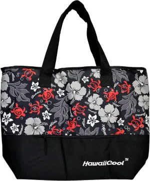 Hawaiian Print Large Insulated Cooler Tote Bag 245 (Honu Family 2 - Black)