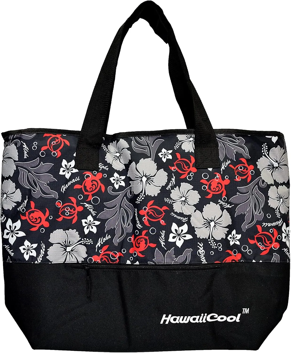 Hawaiian Print Large Insulated Cooler Tote Bag 245 (Honu Family 2 - Black)
