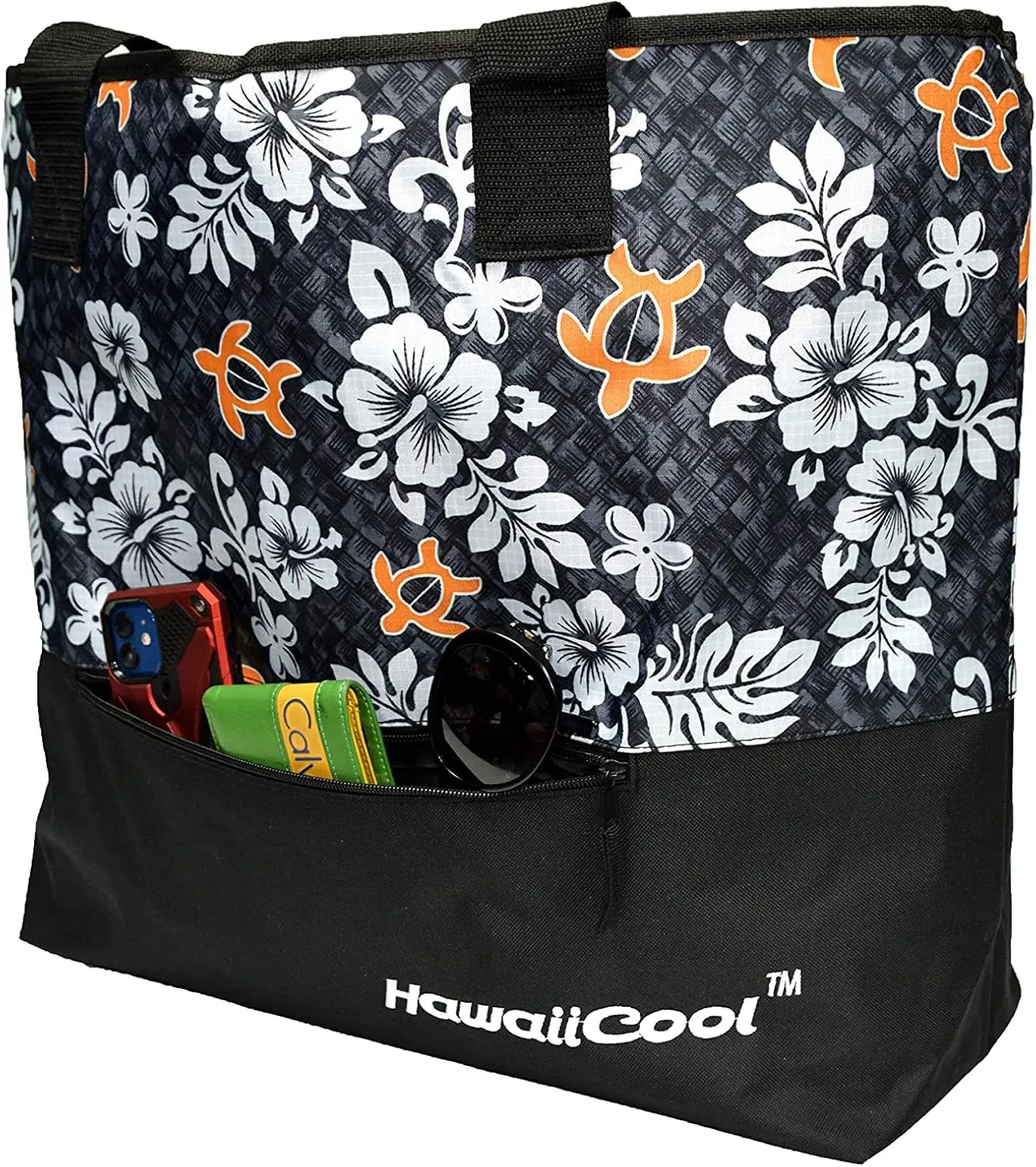 Hawaiian Print Large Insulated Cooler Tote Bag 245 (Honu Family 2 - Black)