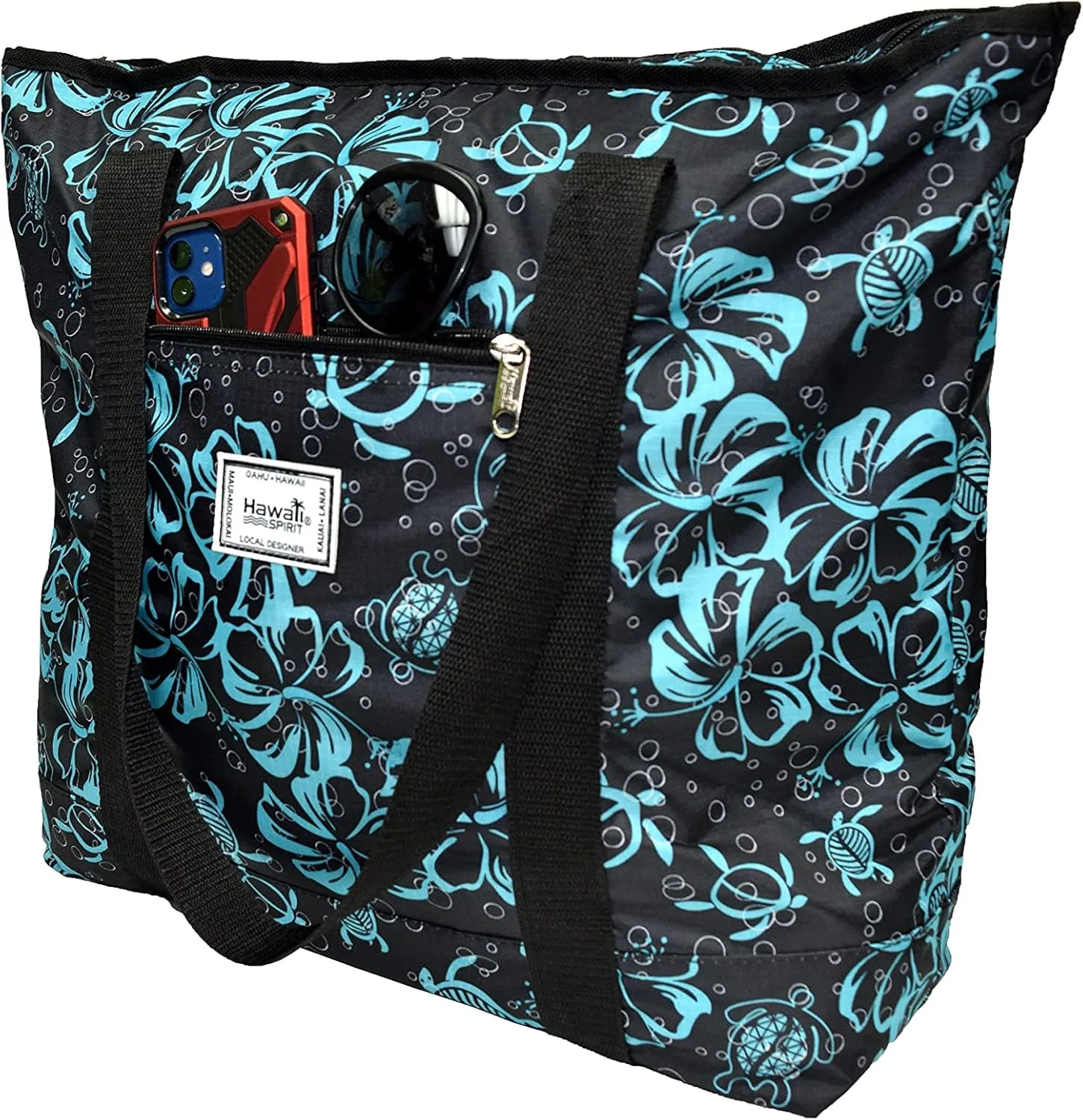 Hawaiian Print Large Zipper Tote Bag 8006 (Pineapple - Black)