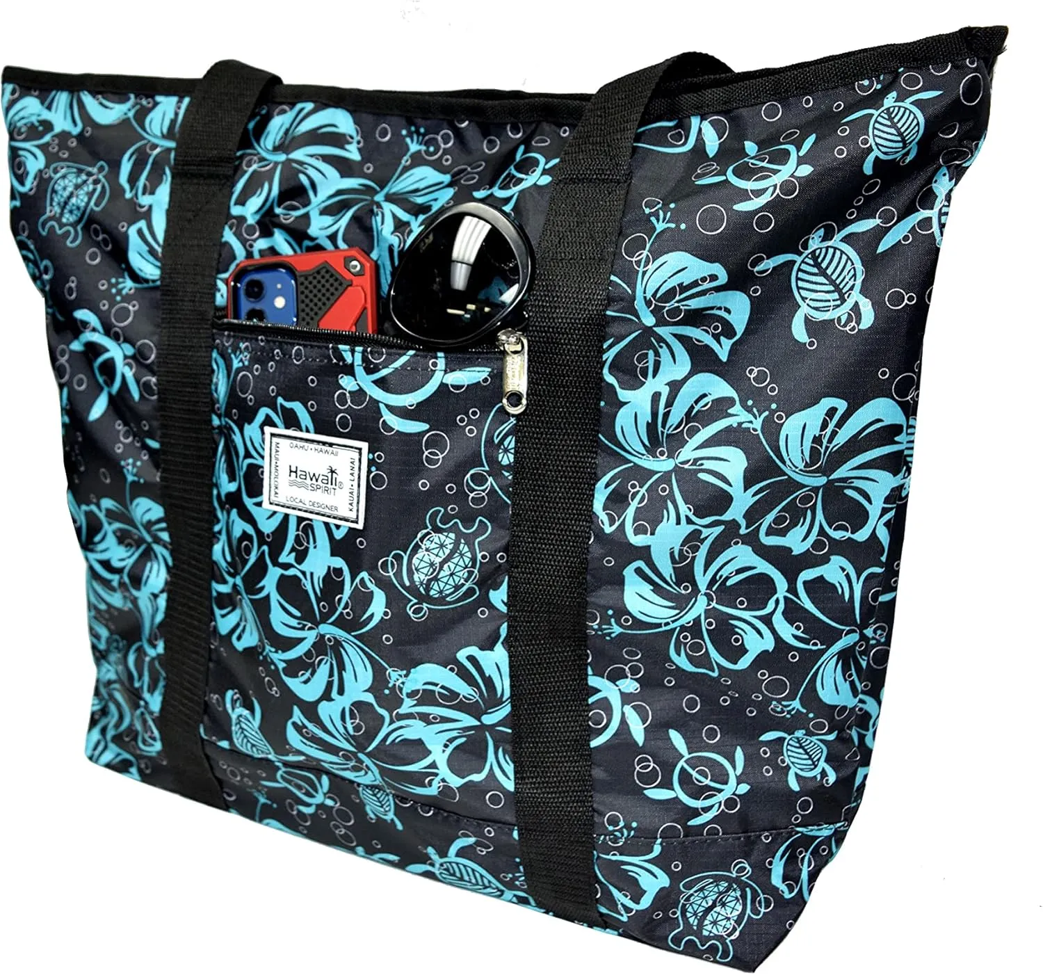 Hawaiian Print Large Zipper Tote Bag 8006 (Pineapple - Black)
