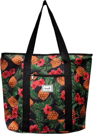 Hawaiian Print Large Zipper Tote Bag 8006 (Pineapple - Black)