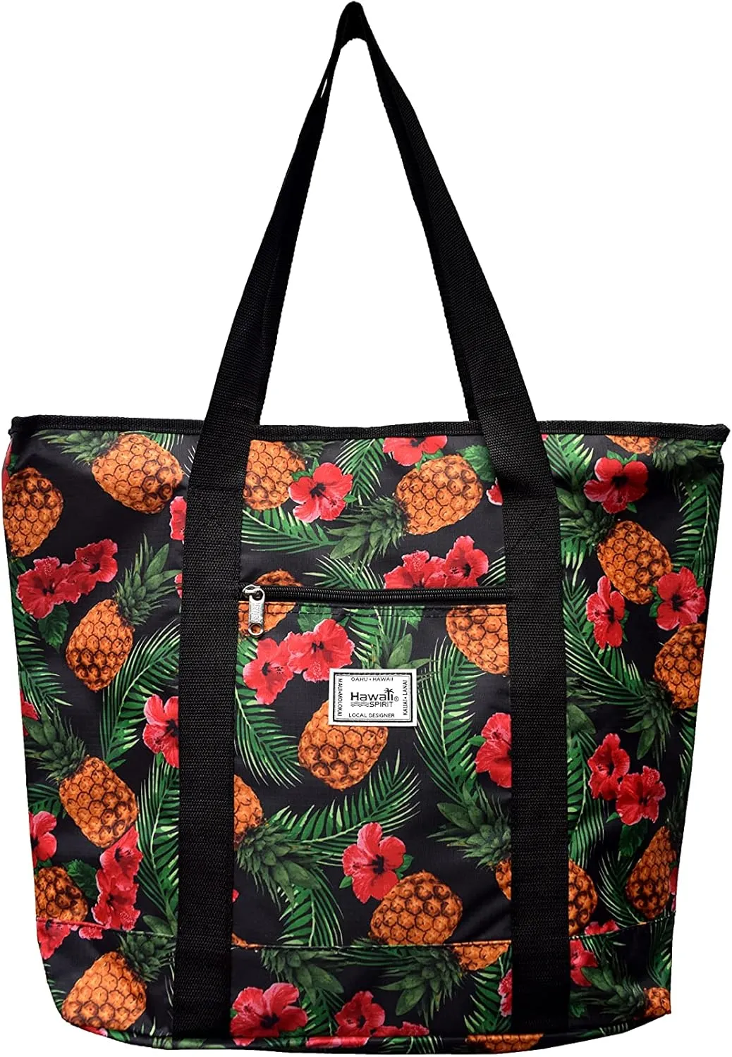 Hawaiian Print Large Zipper Tote Bag 8006 (Pineapple - Black)