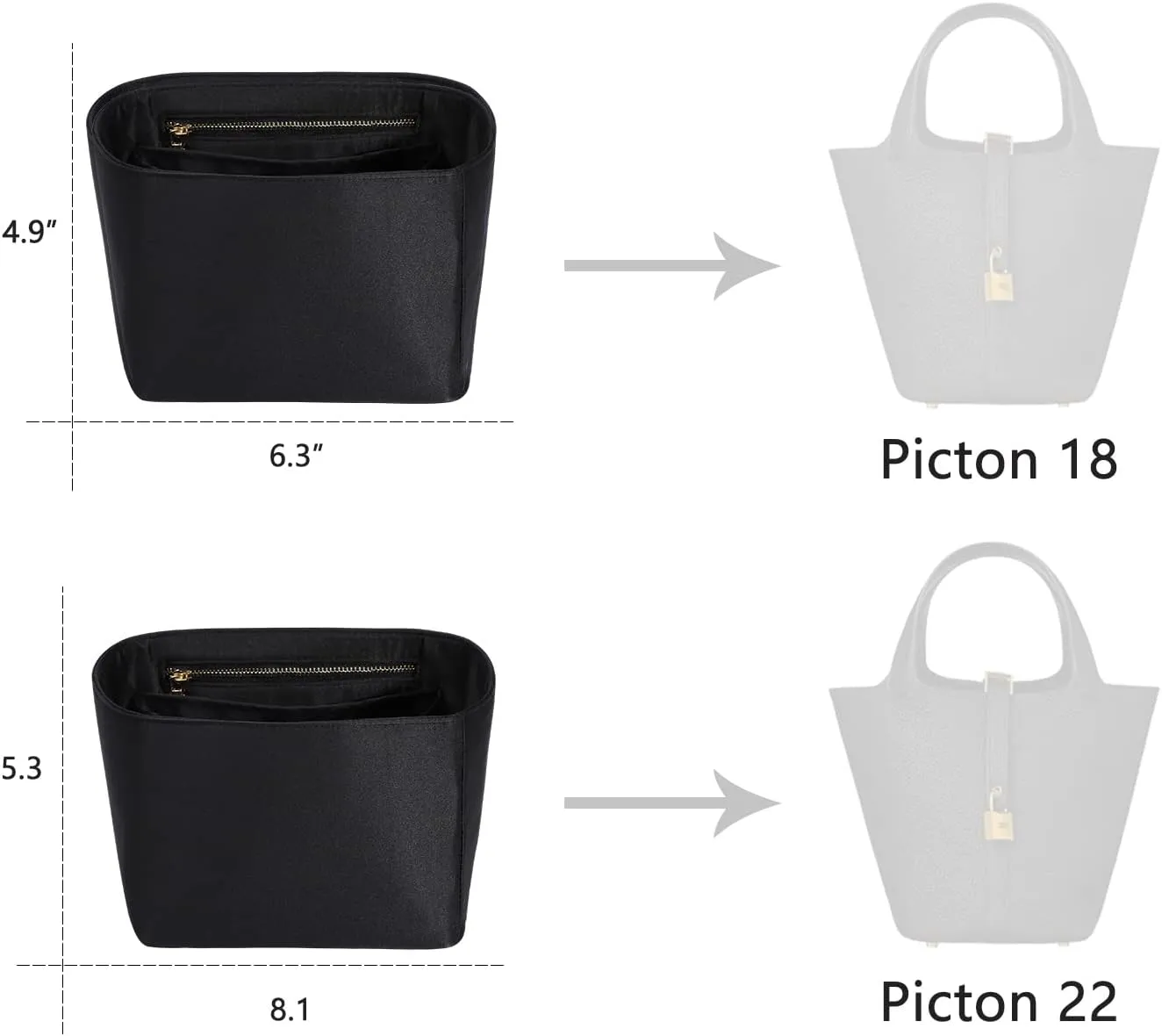 Hermes ZTUJO Picotin 18 Organizer - Luxury Purse Insert, Silky Smooth Fits Bags (Black)