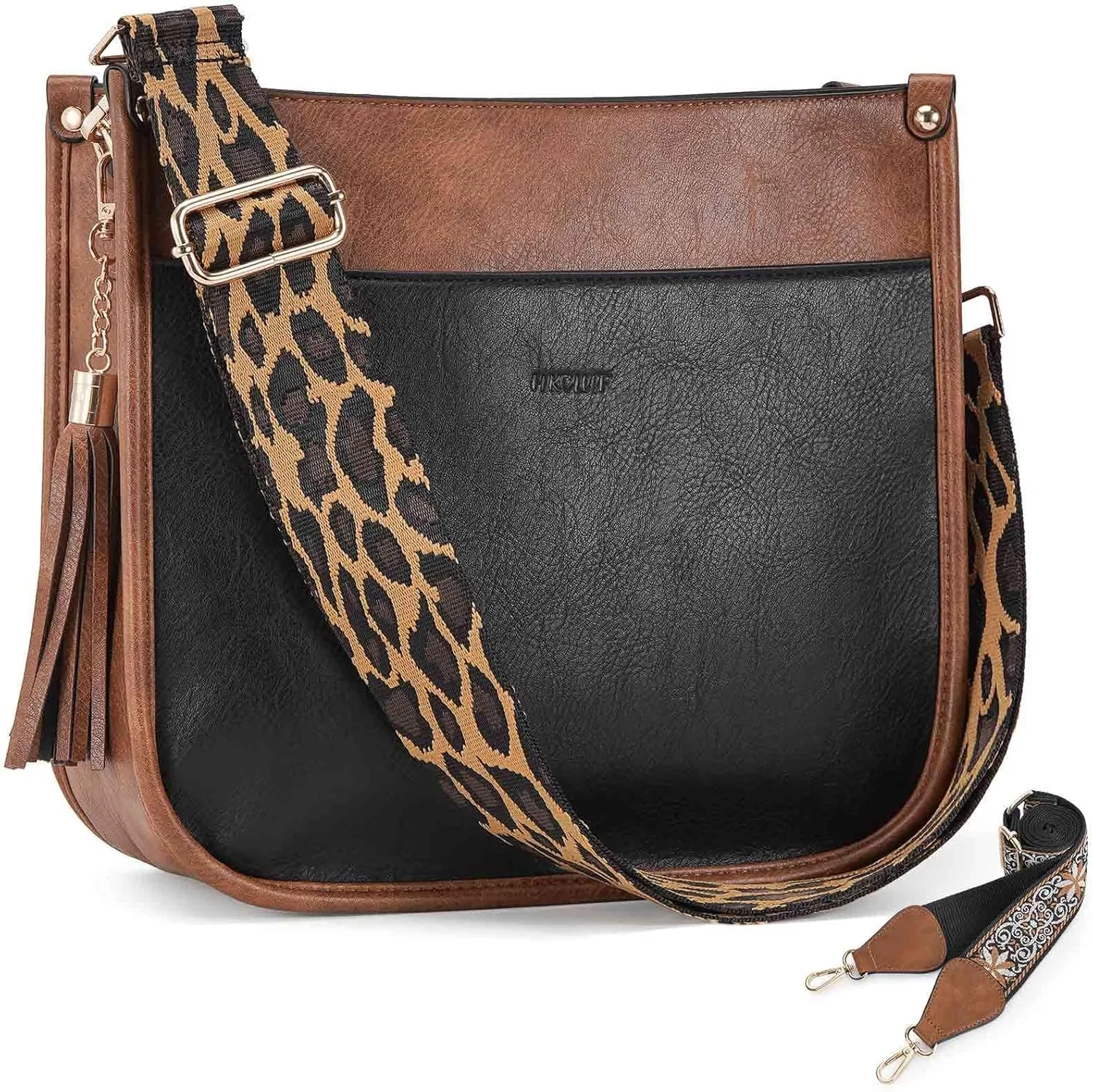 HKCLUF Vegan Leather Crossbody Bags Purse for Women Trendy Tassel Hobo Handbag Women With 2PCS Adjustable Guitar Strap