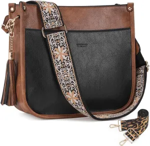 HKCLUF Vegan Leather Crossbody Bags Purse for Women Trendy Tassel Hobo Handbag Women With 2PCS Adjustable Guitar Strap