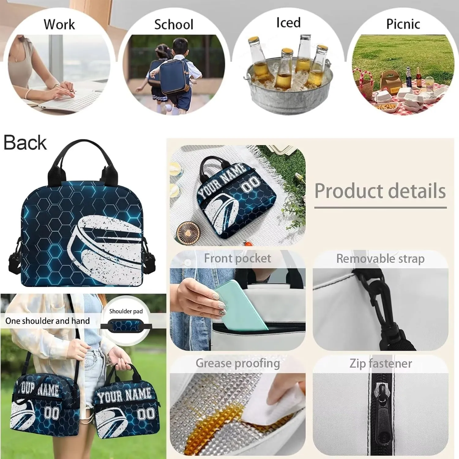 Hockey Print Customized Travel Backpack for Boys Girls, Blue Hexagonal Grid Background Backpack Students Bookbag Daypack Crossbody Lunch Bag Stationery Pen Case for School Primary Teens