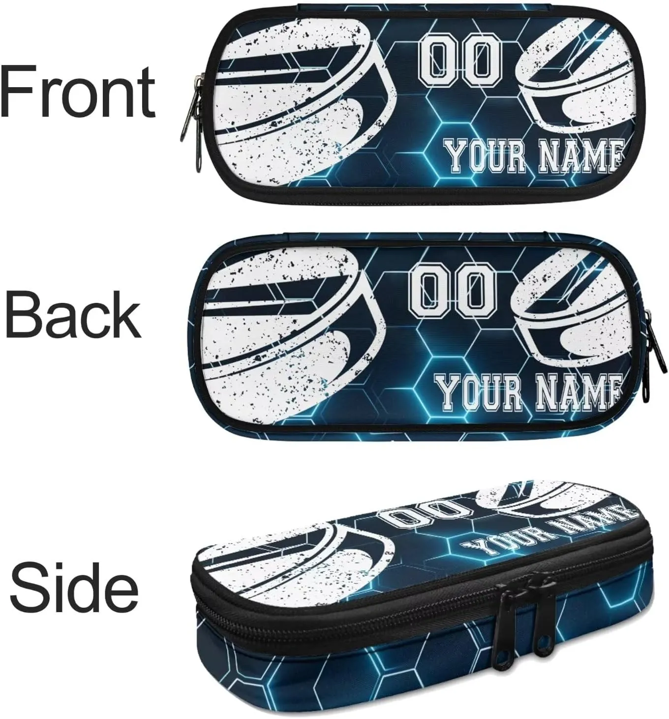 Hockey Print Customized Travel Backpack for Boys Girls, Blue Hexagonal Grid Background Backpack Students Bookbag Daypack Crossbody Lunch Bag Stationery Pen Case for School Primary Teens