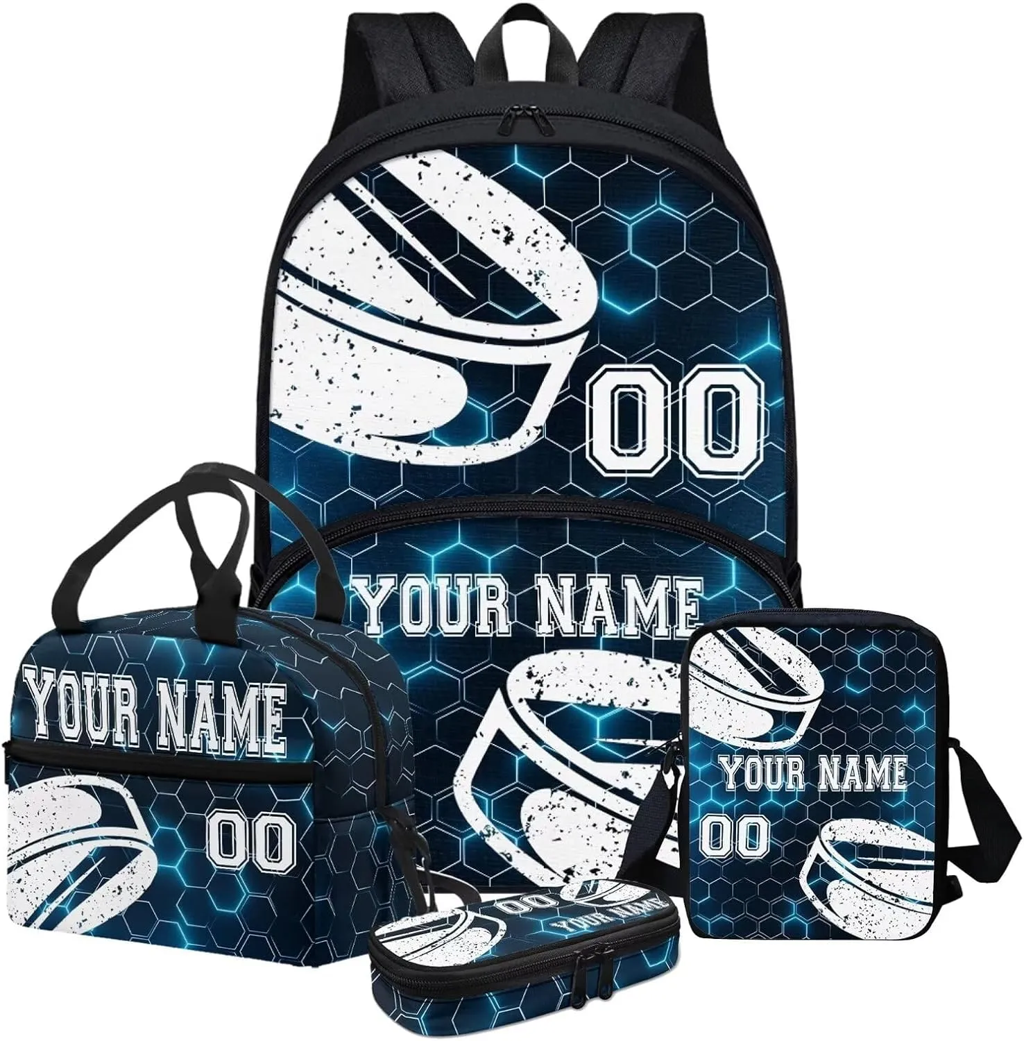 Hockey Print Customized Travel Backpack for Boys Girls, Blue Hexagonal Grid Background Backpack Students Bookbag Daypack Crossbody Lunch Bag Stationery Pen Case for School Primary Teens
