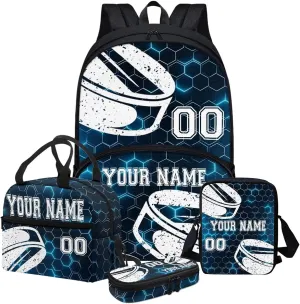 Hockey Print Customized Travel Backpack for Boys Girls, Blue Hexagonal Grid Background Backpack Students Bookbag Daypack Crossbody Lunch Bag Stationery Pen Case for School Primary Teens