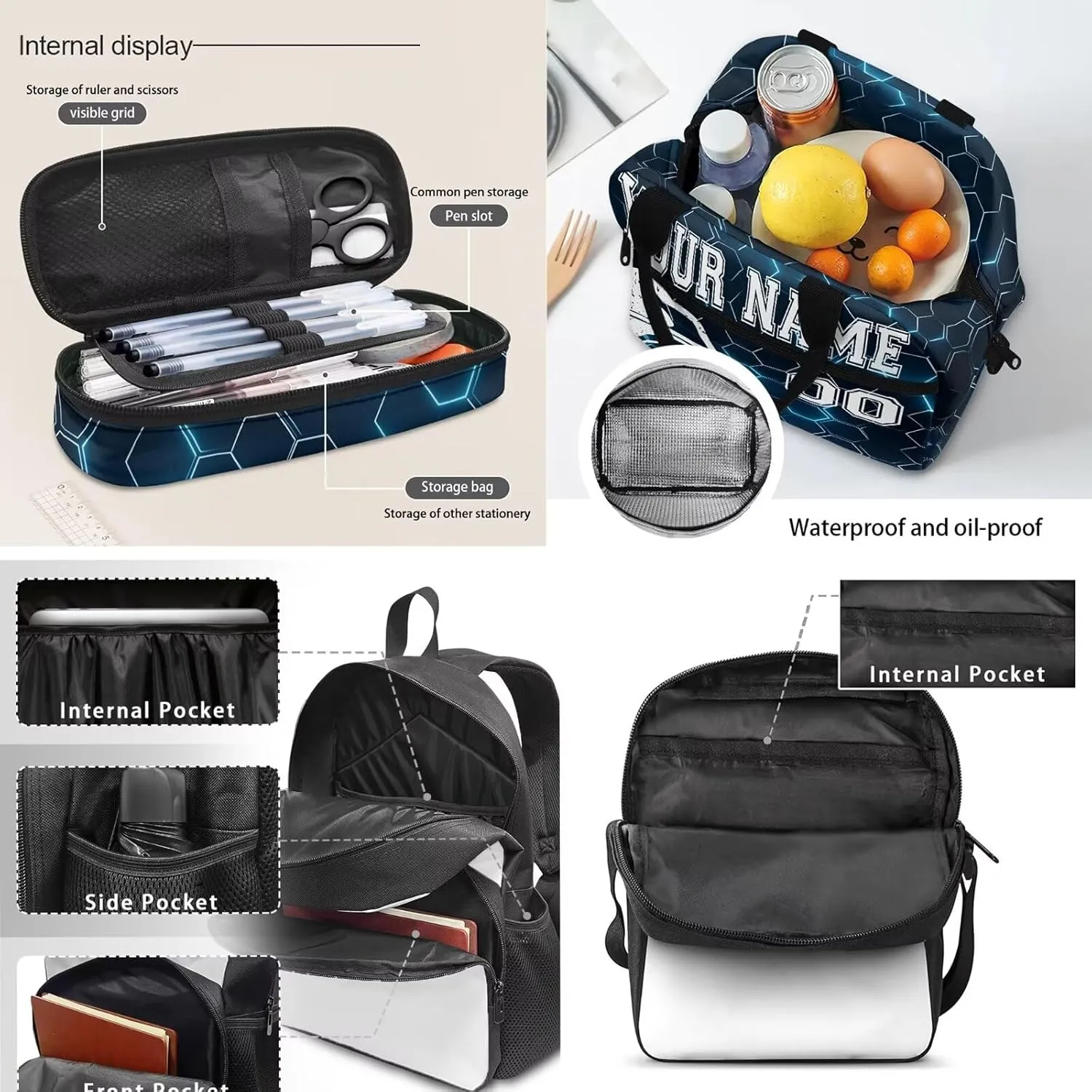 Hockey Print Customized Travel Backpack for Boys Girls, Blue Hexagonal Grid Background Backpack Students Bookbag Daypack Crossbody Lunch Bag Stationery Pen Case for School Primary Teens