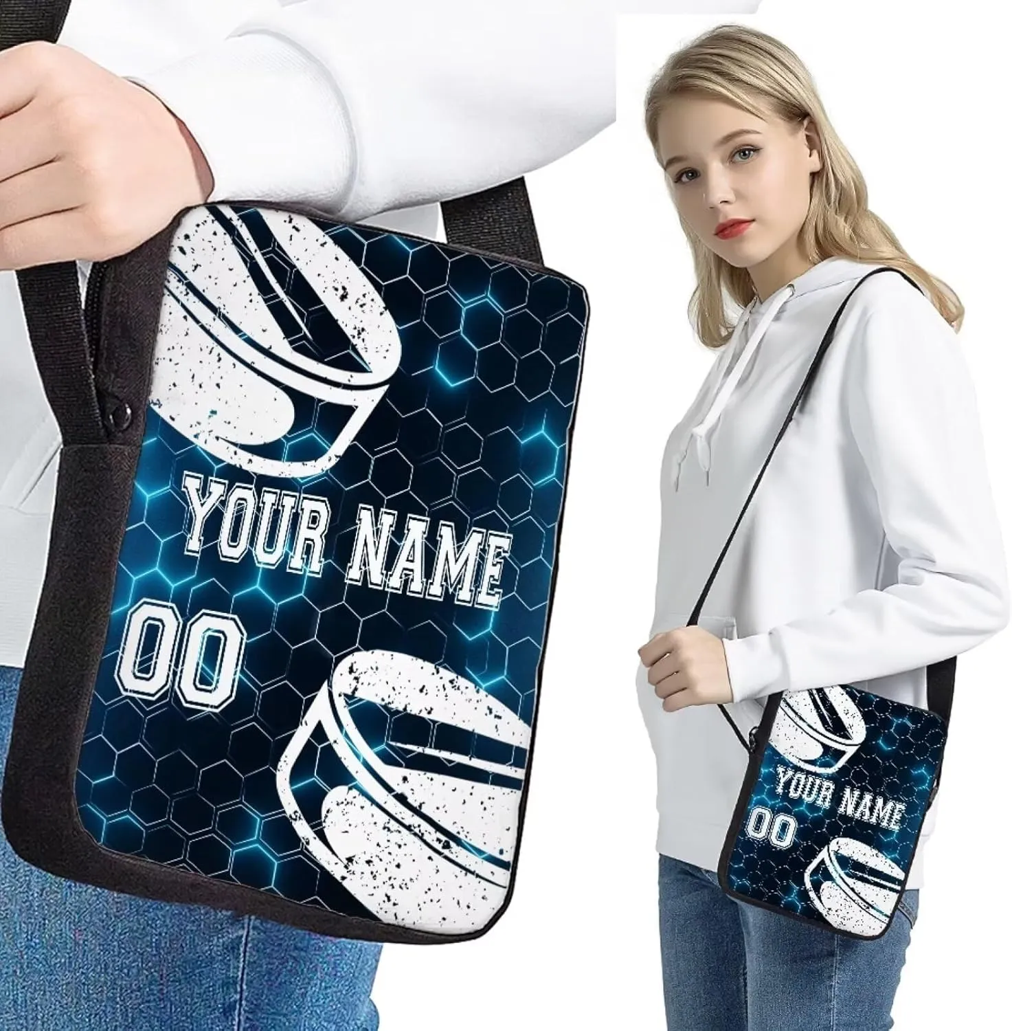 Hockey Print Customized Travel Backpack for Boys Girls, Blue Hexagonal Grid Background Backpack Students Bookbag Daypack Crossbody Lunch Bag Stationery Pen Case for School Primary Teens