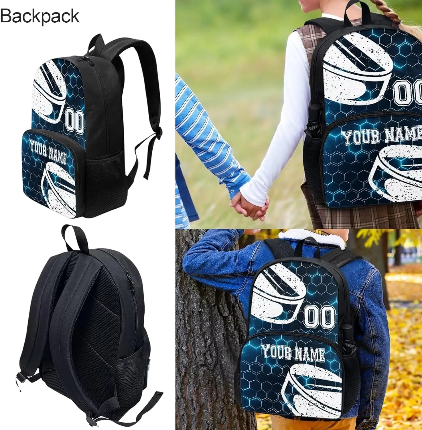 Hockey Print Customized Travel Backpack for Boys Girls, Blue Hexagonal Grid Background Backpack Students Bookbag Daypack Crossbody Lunch Bag Stationery Pen Case for School Primary Teens