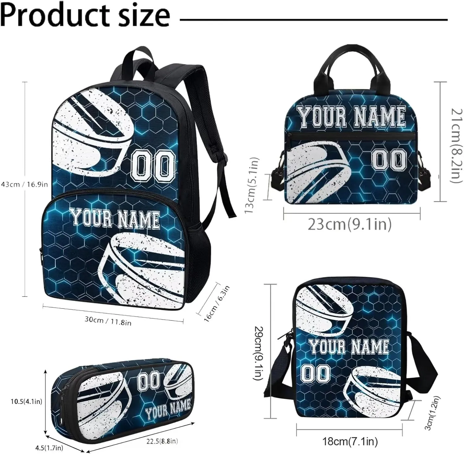 Hockey Print Customized Travel Backpack for Boys Girls, Blue Hexagonal Grid Background Backpack Students Bookbag Daypack Crossbody Lunch Bag Stationery Pen Case for School Primary Teens