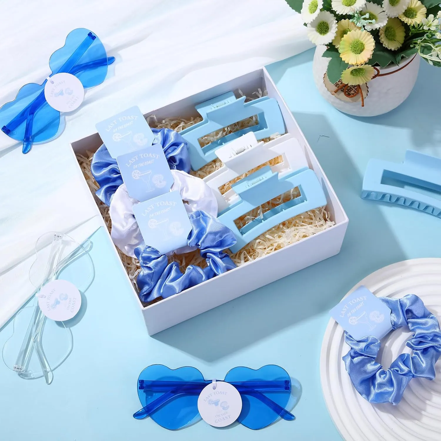 Hoteam 24 Pcs Last Toast on the Coast Bachelorette Party Favors Decorations Include Satin Scrunchies Heart Sunglasses Hair Claw Clips for Wedding Bridal Shower Party(Blue)