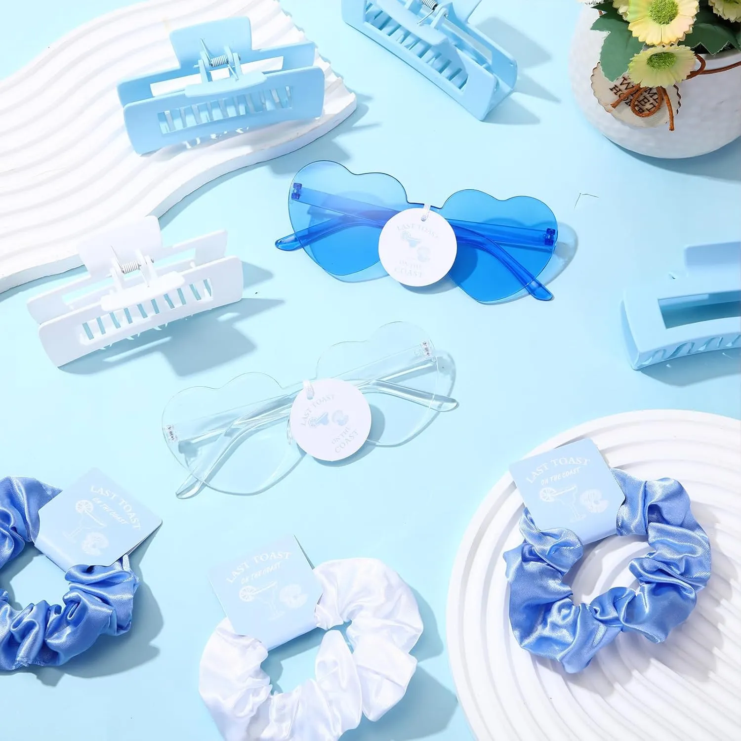 Hoteam 24 Pcs Last Toast on the Coast Bachelorette Party Favors Decorations Include Satin Scrunchies Heart Sunglasses Hair Claw Clips for Wedding Bridal Shower Party(Blue)