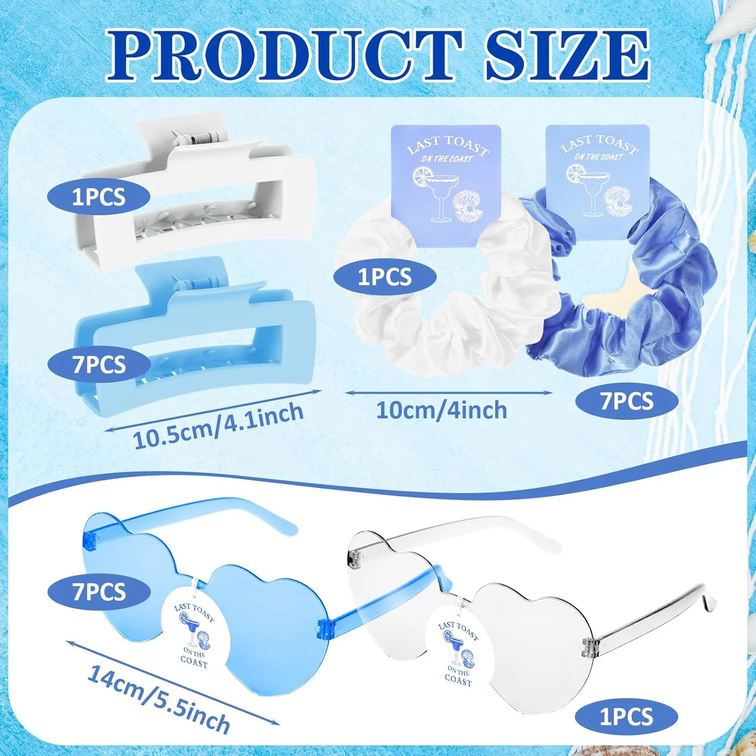 Hoteam 24 Pcs Last Toast on the Coast Bachelorette Party Favors Decorations Include Satin Scrunchies Heart Sunglasses Hair Claw Clips for Wedding Bridal Shower Party(Blue)