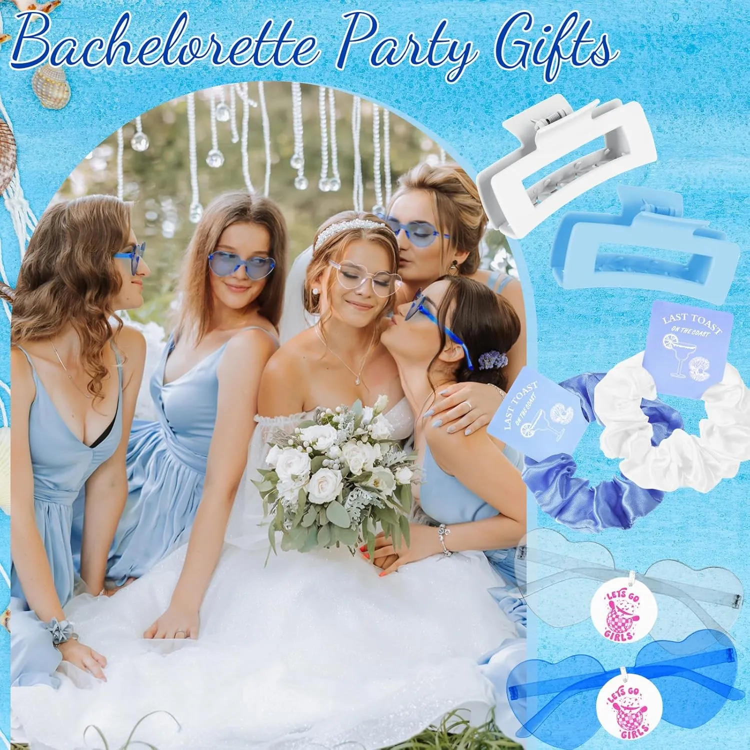 Hoteam 24 Pcs Last Toast on the Coast Bachelorette Party Favors Decorations Include Satin Scrunchies Heart Sunglasses Hair Claw Clips for Wedding Bridal Shower Party(Blue)