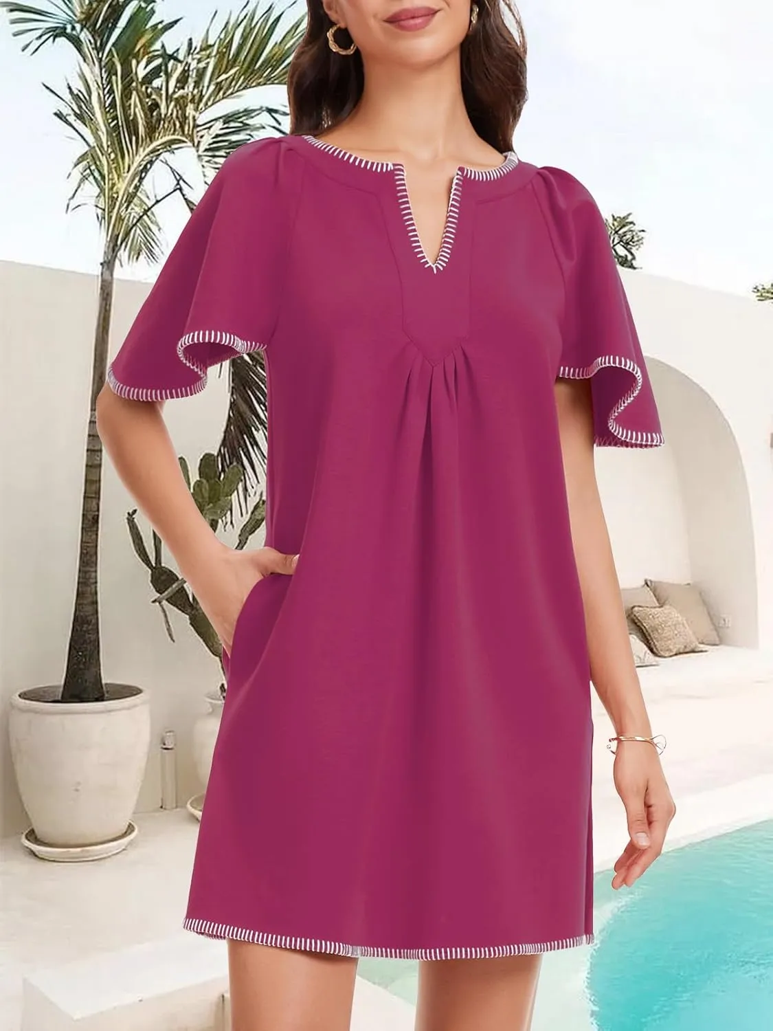 HOULENGS Women's Summer Ruffle Short Sleeve A Line Mini Dress Casual Contrast Trim V Neck Short Dress with Pockets