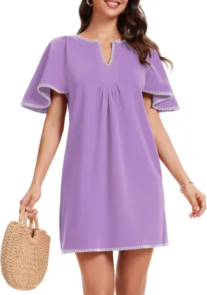 HOULENGS Women's Summer Ruffle Short Sleeve A Line Mini Dress Casual Contrast Trim V Neck Short Dress with Pockets