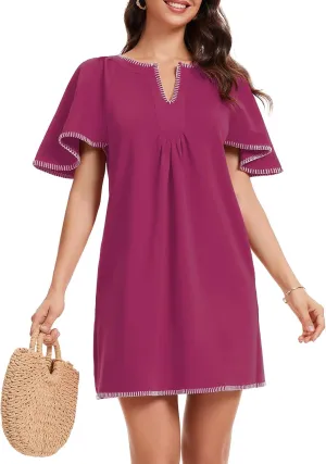 HOULENGS Women's Summer Ruffle Short Sleeve A Line Mini Dress Casual Contrast Trim V Neck Short Dress with Pockets