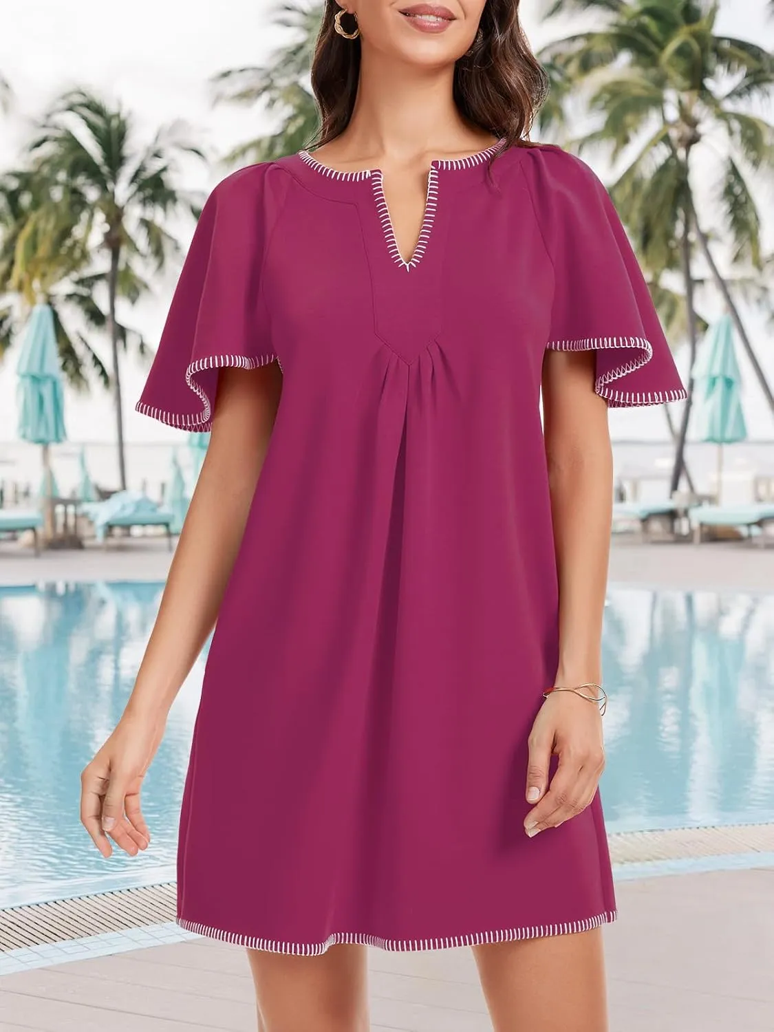 HOULENGS Women's Summer Ruffle Short Sleeve A Line Mini Dress Casual Contrast Trim V Neck Short Dress with Pockets