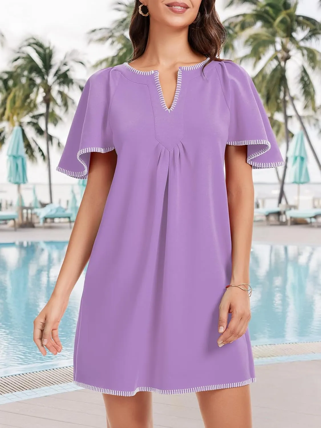 HOULENGS Women's Summer Ruffle Short Sleeve A Line Mini Dress Casual Contrast Trim V Neck Short Dress with Pockets