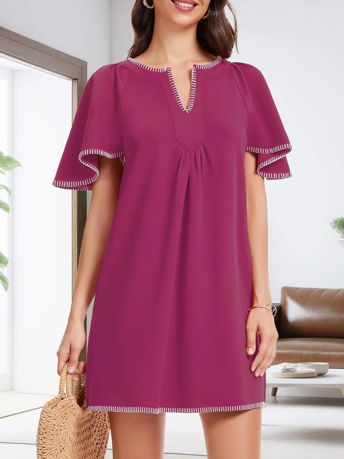 HOULENGS Women's Summer Ruffle Short Sleeve A Line Mini Dress Casual Contrast Trim V Neck Short Dress with Pockets