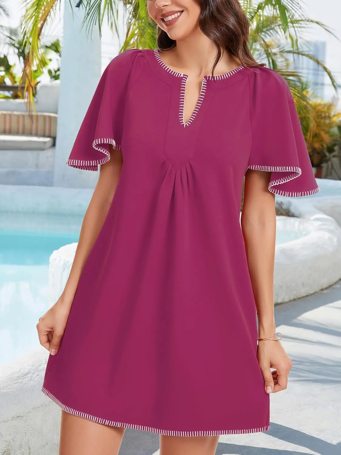 HOULENGS Women's Summer Ruffle Short Sleeve A Line Mini Dress Casual Contrast Trim V Neck Short Dress with Pockets