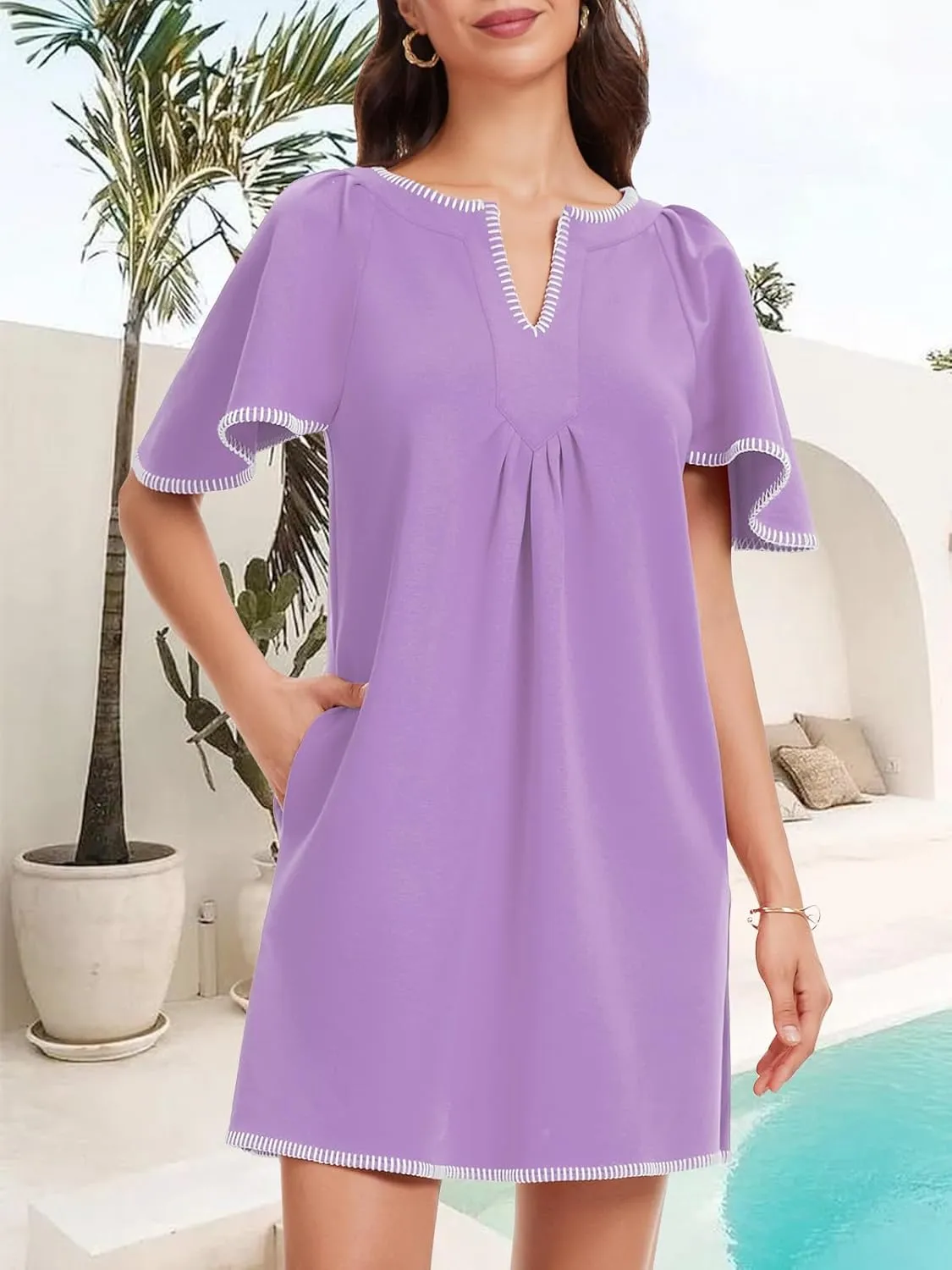 HOULENGS Women's Summer Ruffle Short Sleeve A Line Mini Dress Casual Contrast Trim V Neck Short Dress with Pockets