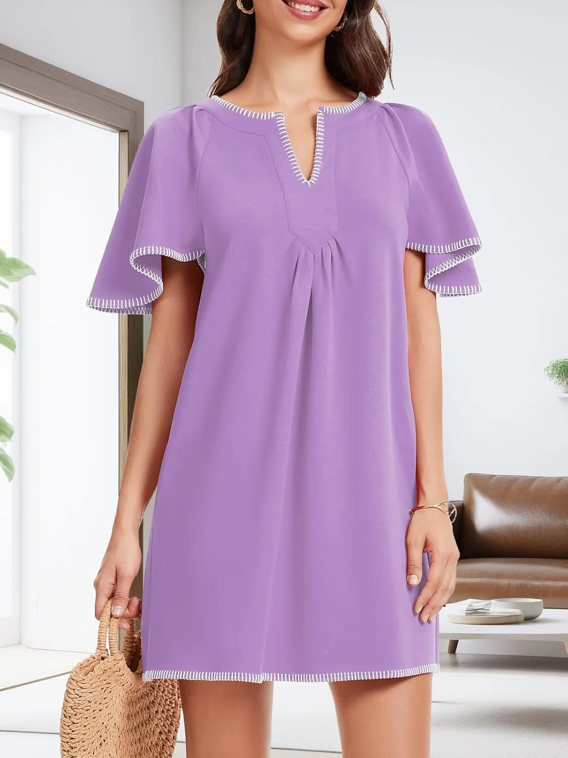 HOULENGS Women's Summer Ruffle Short Sleeve A Line Mini Dress Casual Contrast Trim V Neck Short Dress with Pockets