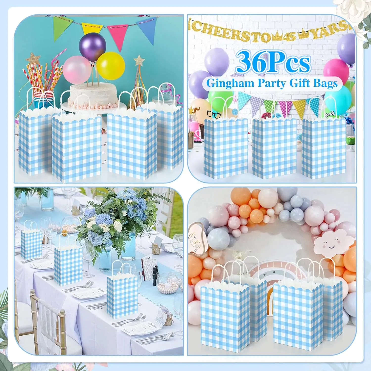 Houuqe 36 Pcs Gingham Party Supplies Blue Gift Bag with Handles Scalloped Blue and White Plaid Paper Candy Bags Double Side Kraft Paper Goodie Bags for Spring Wedding Party Decor