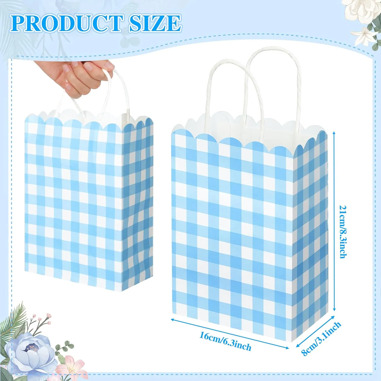 Houuqe 36 Pcs Gingham Party Supplies Blue Gift Bag with Handles Scalloped Blue and White Plaid Paper Candy Bags Double Side Kraft Paper Goodie Bags for Spring Wedding Party Decor