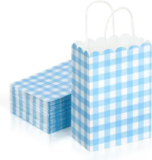 Houuqe 36 Pcs Gingham Party Supplies Blue Gift Bag with Handles Scalloped Blue and White Plaid Paper Candy Bags Double Side Kraft Paper Goodie Bags for Spring Wedding Party Decor