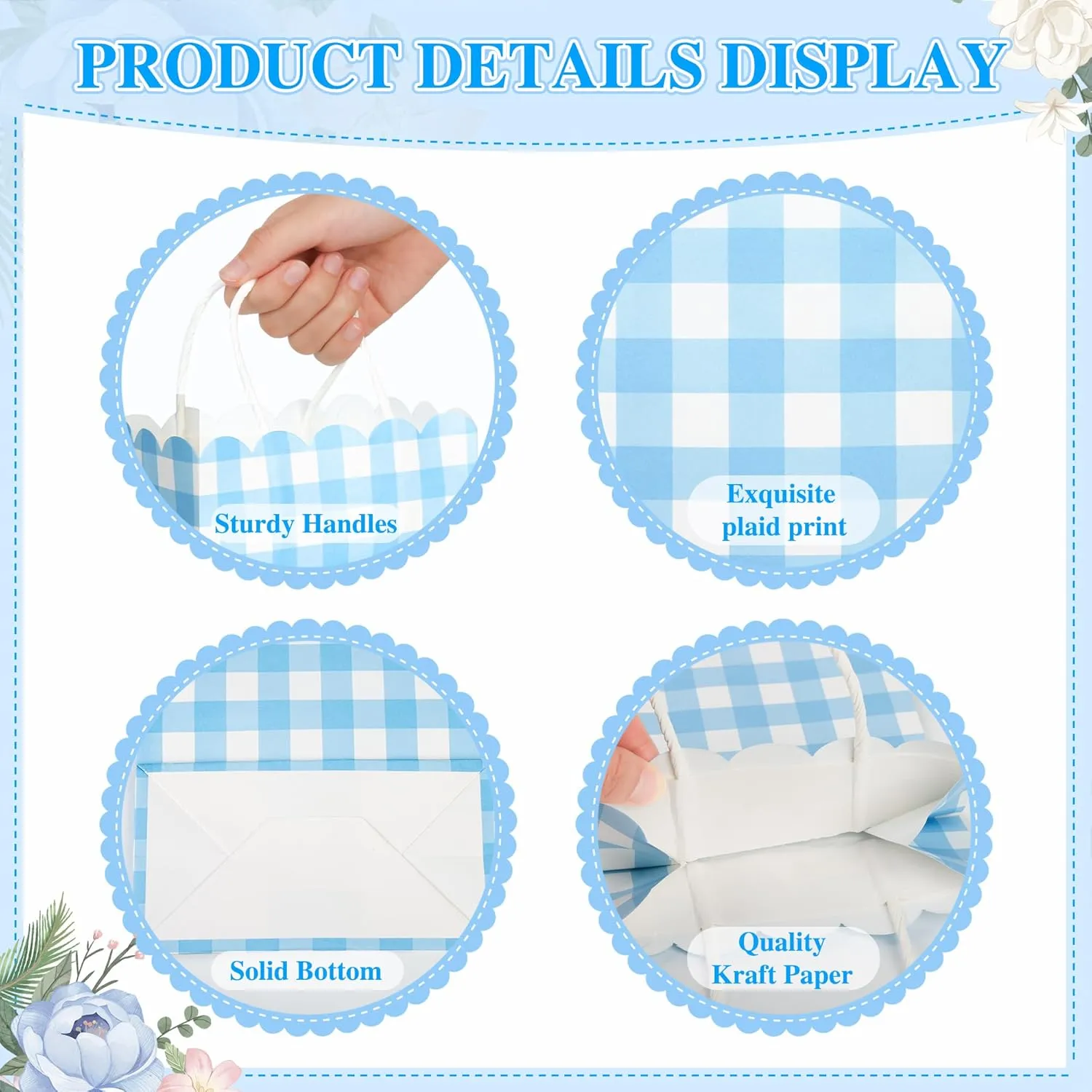 Houuqe 36 Pcs Gingham Party Supplies Blue Gift Bag with Handles Scalloped Blue and White Plaid Paper Candy Bags Double Side Kraft Paper Goodie Bags for Spring Wedding Party Decor
