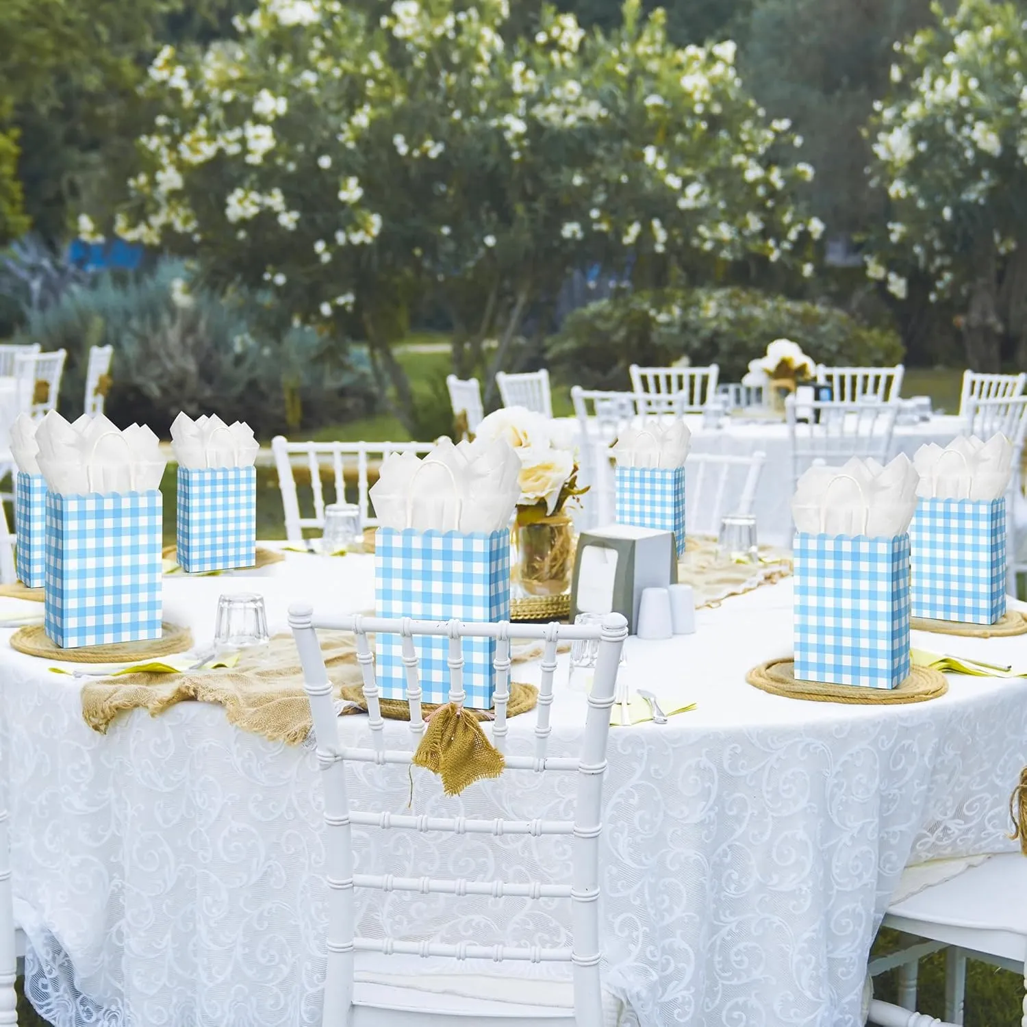 Houuqe 36 Pcs Gingham Party Supplies Blue Gift Bag with Handles Scalloped Blue and White Plaid Paper Candy Bags Double Side Kraft Paper Goodie Bags for Spring Wedding Party Decor
