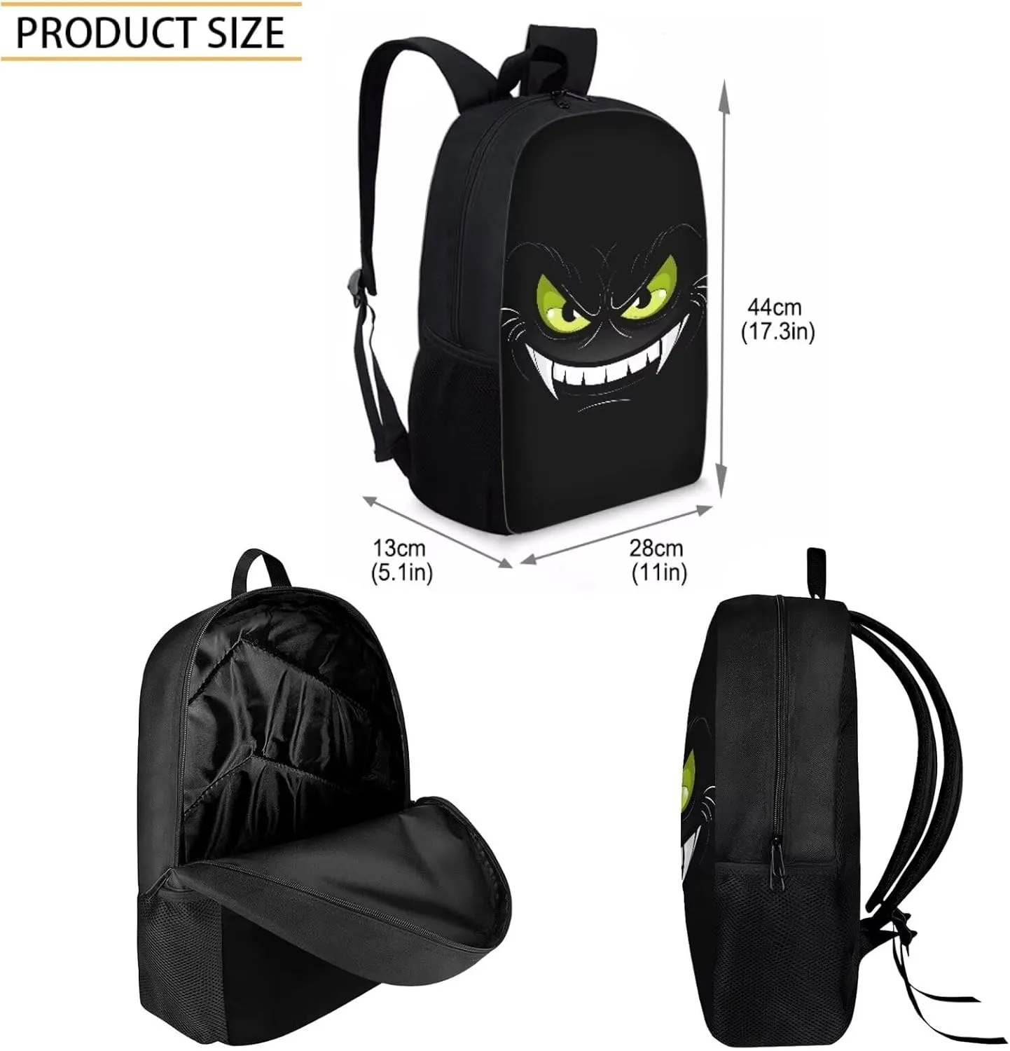 Howilath Black Monster Face Print Backpacks for Girls Kids School Cute Bookbag for Kindergarten Elementary School Backpack for Boys Lightweight School Bag with Lunch Box