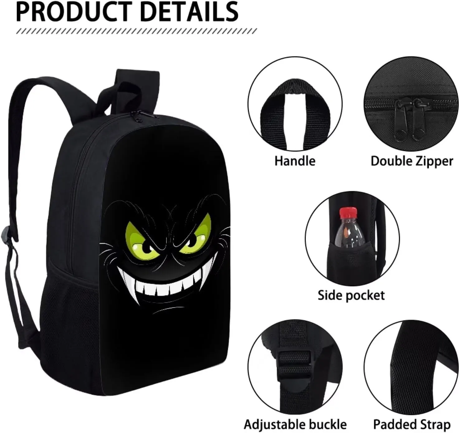 Howilath Black Monster Face Print Backpacks for Girls Kids School Cute Bookbag for Kindergarten Elementary School Backpack for Boys Lightweight School Bag with Lunch Box