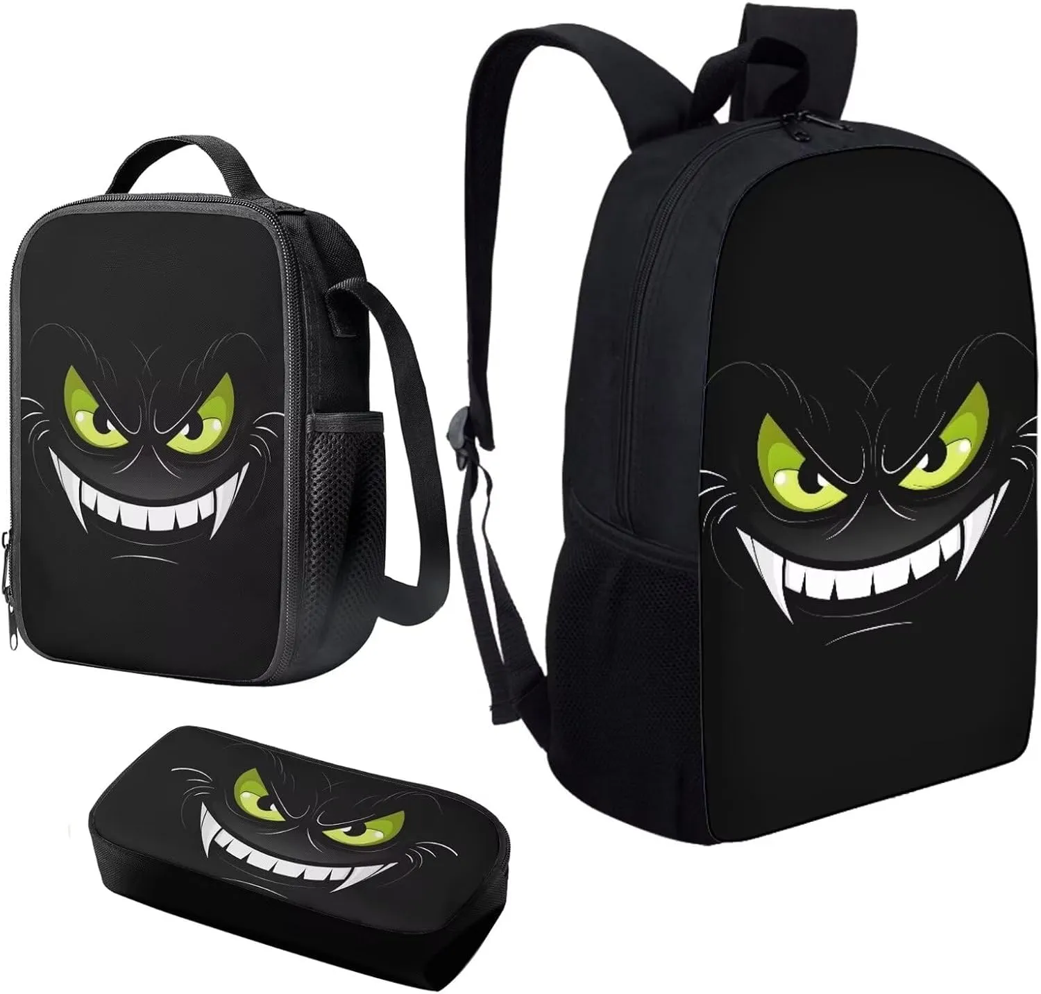 Howilath Black Monster Face Print Backpacks for Girls Kids School Cute Bookbag for Kindergarten Elementary School Backpack for Boys Lightweight School Bag with Lunch Box