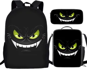 Howilath Black Monster Face Print Backpacks for Girls Kids School Cute Bookbag for Kindergarten Elementary School Backpack for Boys Lightweight School Bag with Lunch Box