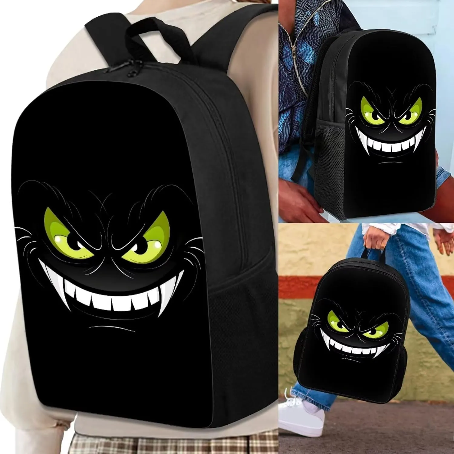 Howilath Black Monster Face Print Backpacks for Girls Kids School Cute Bookbag for Kindergarten Elementary School Backpack for Boys Lightweight School Bag with Lunch Box